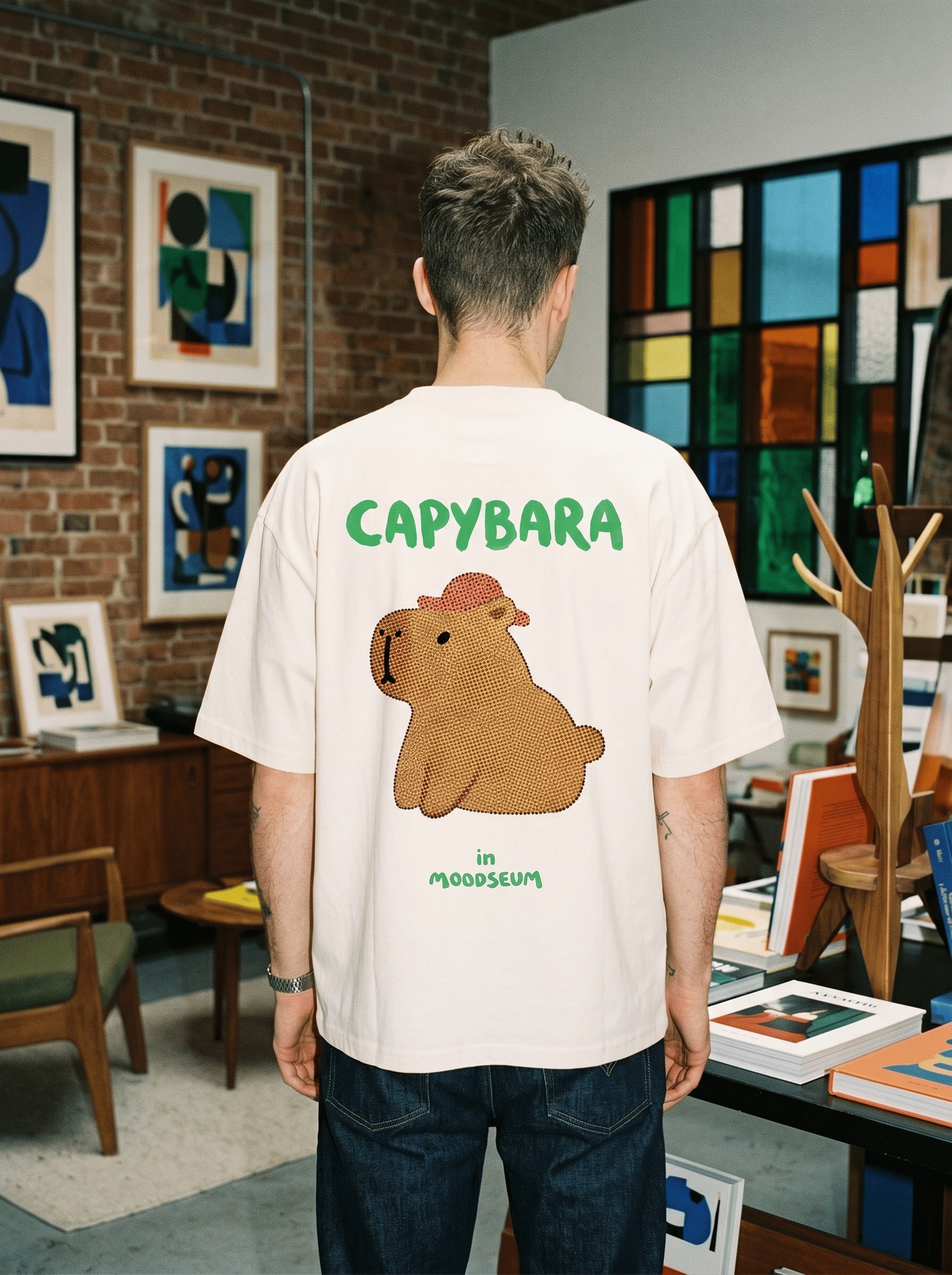 Capybara 그래픽 티셔츠 뒷면을 착용한 모델